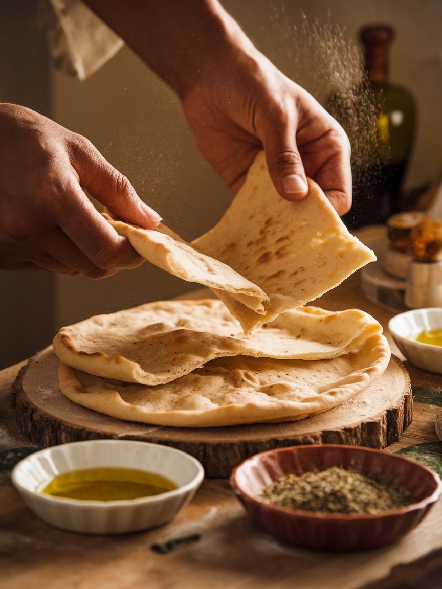 Hands breaking freshly baked flatbread over a rustic wooden table