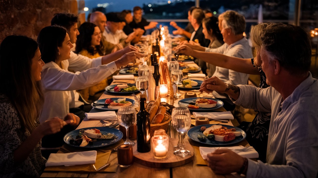 Friends sharing a Mediterranean meal