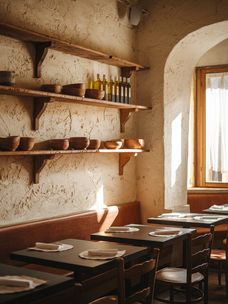 Warm interior of a Mediterranean restaurant with natural materials