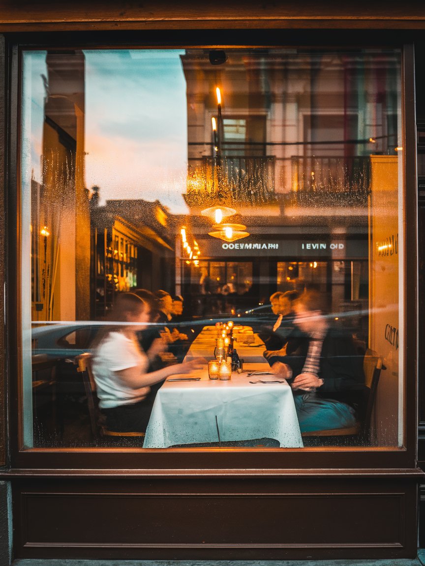 Mediterranean restaurant interior at sunset with warm lighting