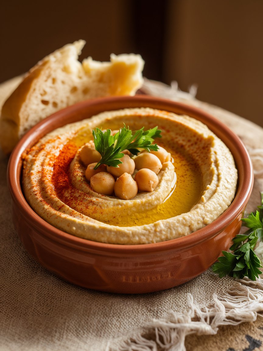 Creamy hummus with olive oil and chickpeas