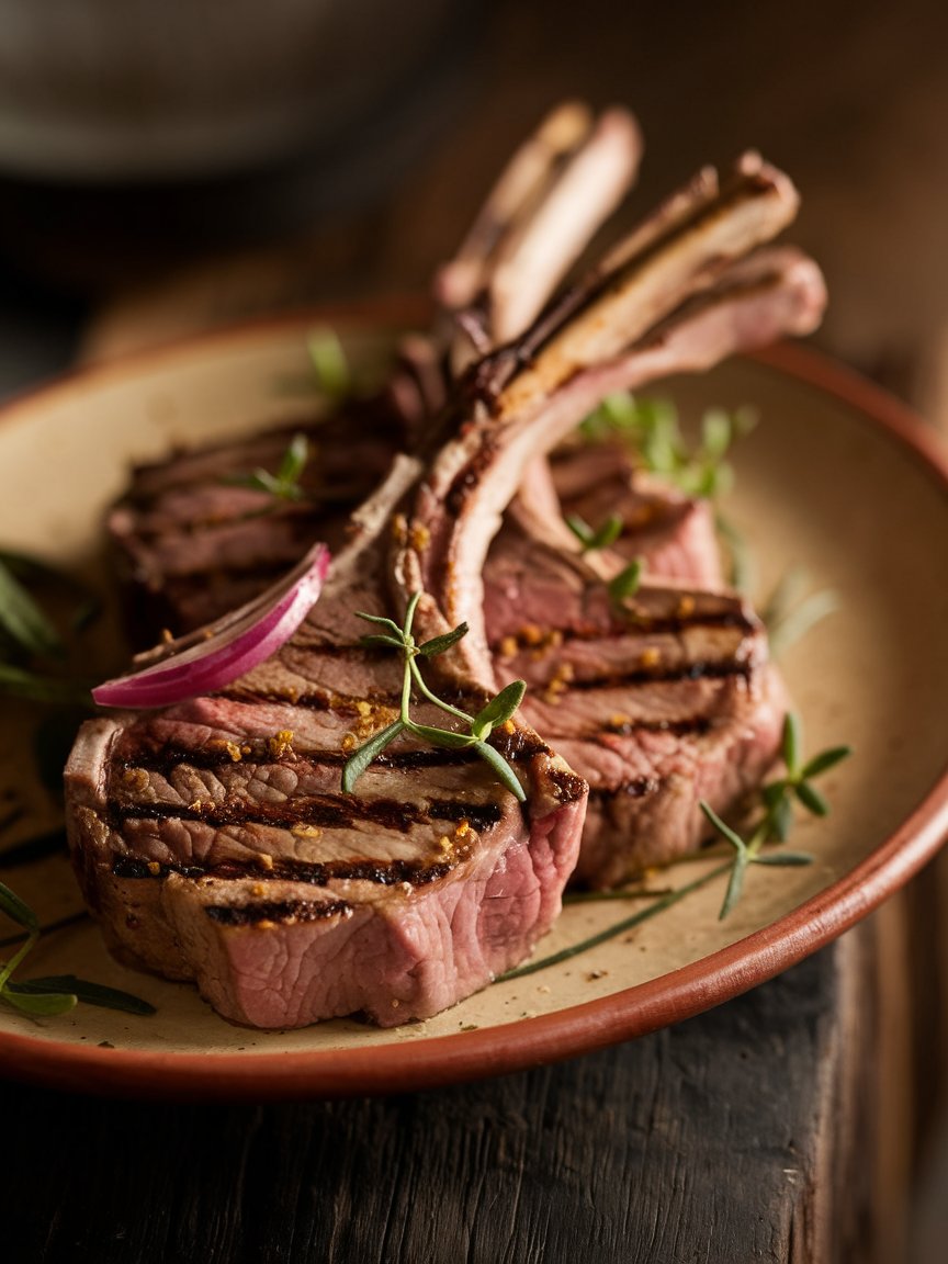 Grilled lamb chops with charred edges