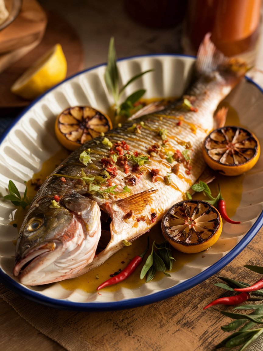 Whole grilled Gulf snapper with herbs and charred lemon