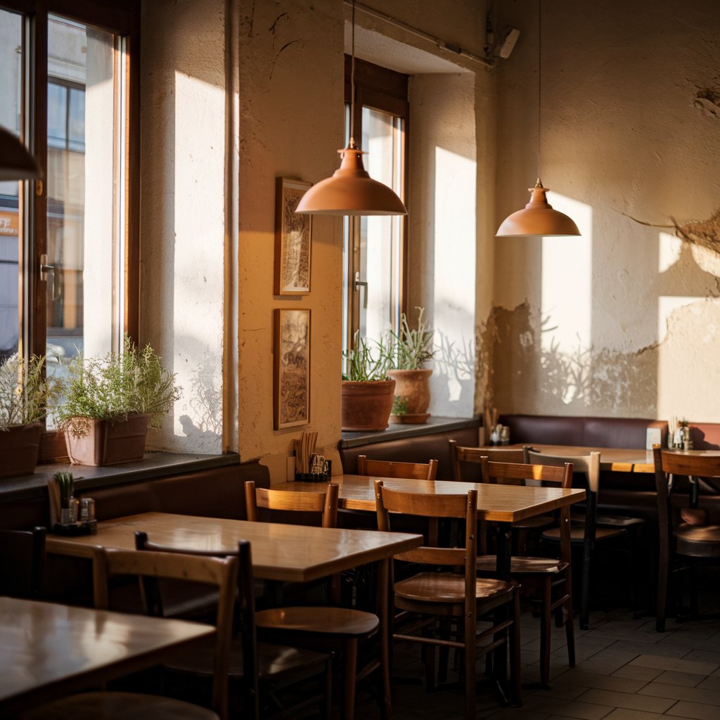 Restaurant interior with natural stone and warm lighting