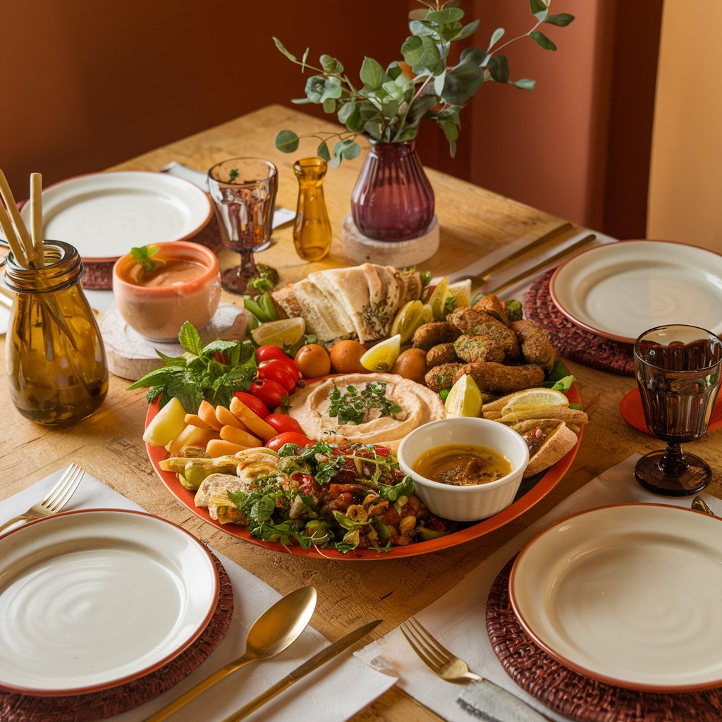 Colorful mezze plates on a rustic wooden table