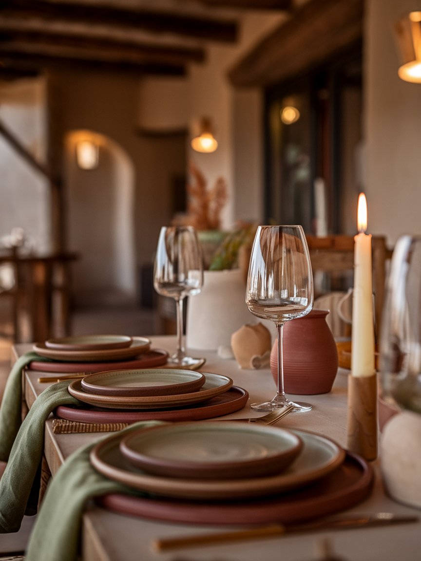 Ceramic plates and linen on a wooden table