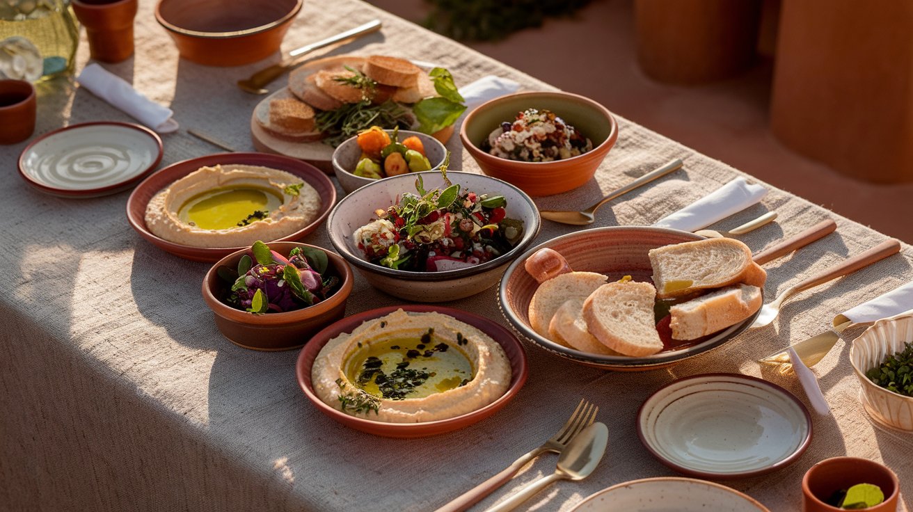 Cinematic overhead shot of a Mediterranean mezze spread on linen during golden hour